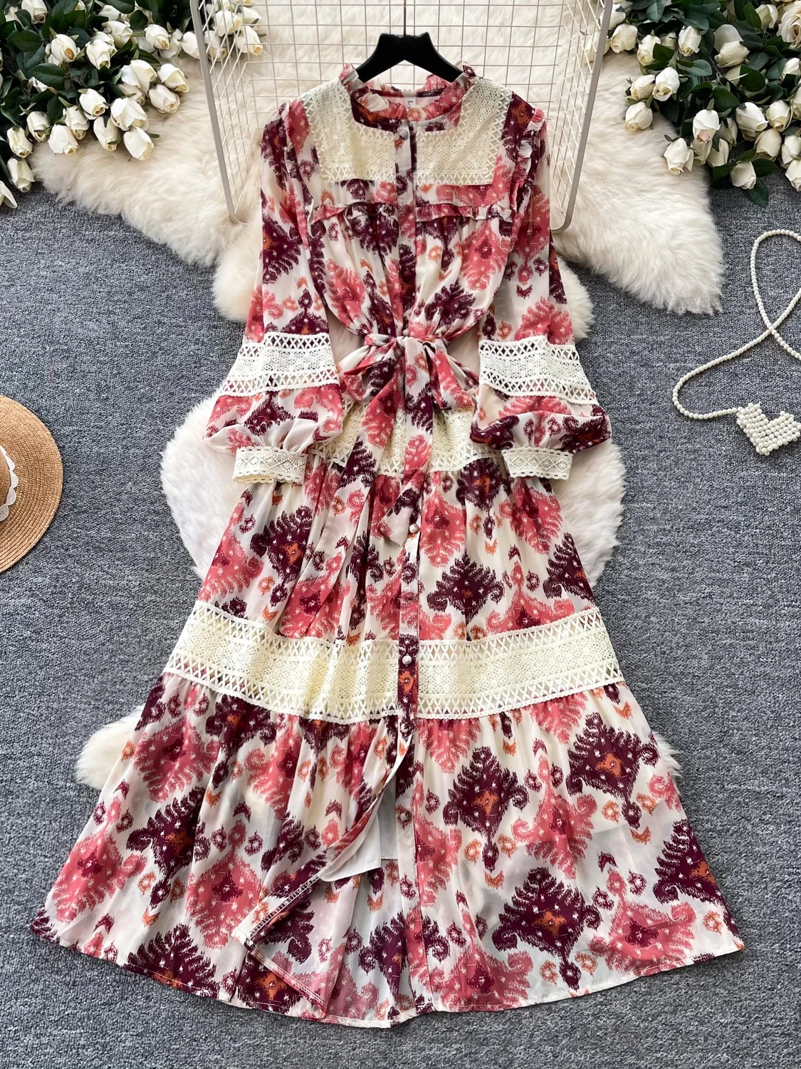 Romantic Floral Print Hollow out Long Sleeve Women's Dress Belted A-Line Summer Holiday Style Korean Version Slim Fit Skirt