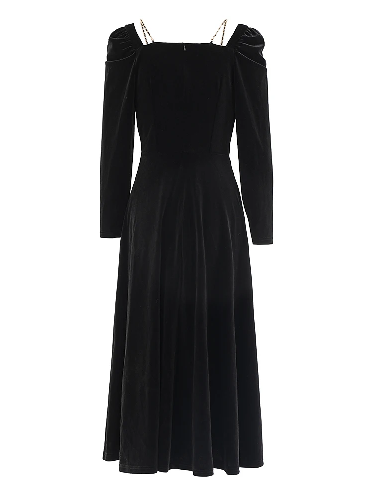 [EAM] Women Black Velvet Metal Chain Elegant Long Vintage Dress New Round Neck Long Sleeve Fashion Spring Autumn 2024 CPG1956