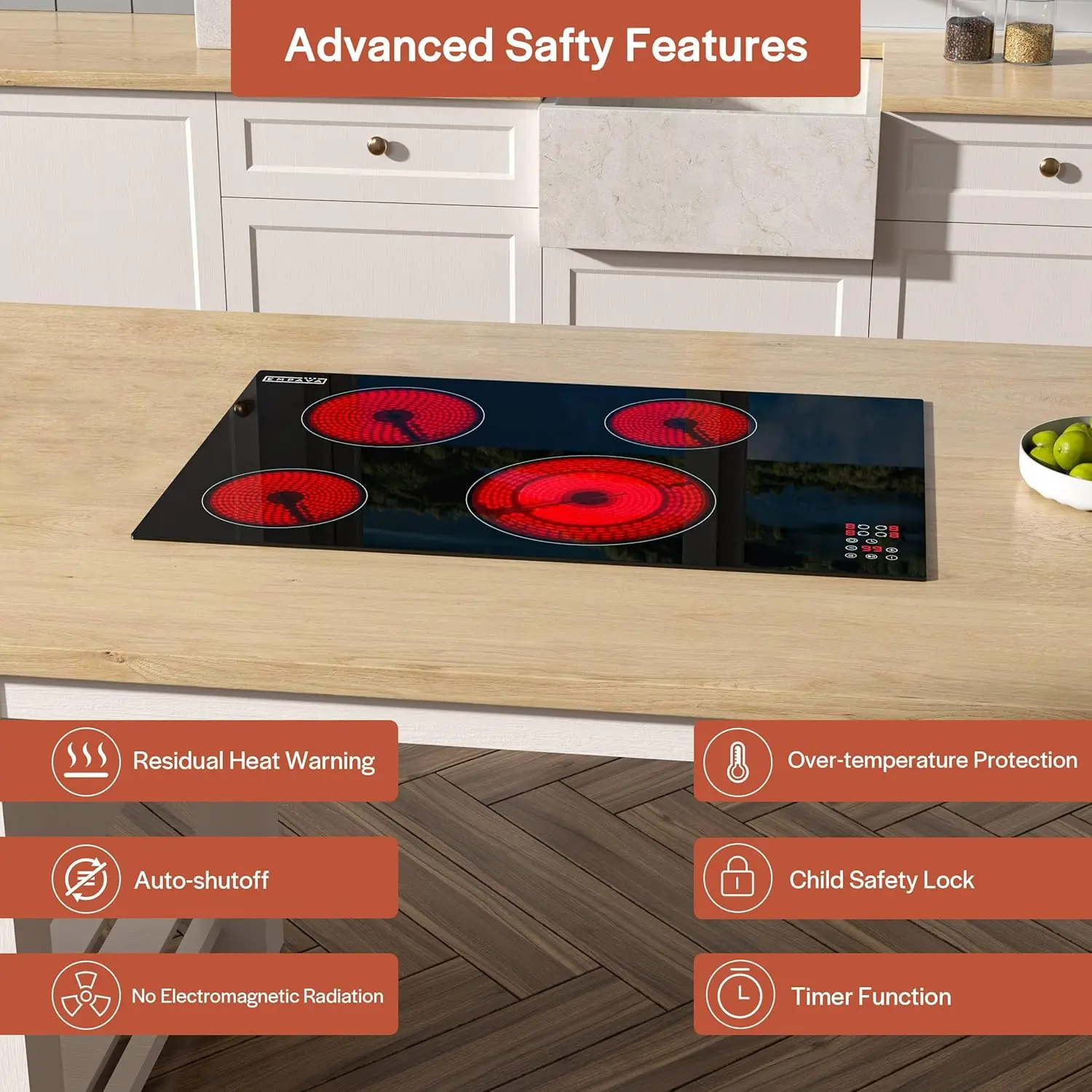 一体型放射ストーブ付き電気コンロ、30インチ、4つのバーナー、デュアルゾーン要素、セラミックガラス、黒の滑らかな表面を含む