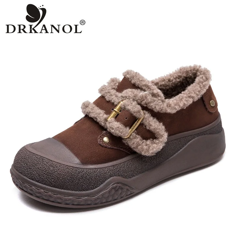 

DRKANOL Women Winter Warm Shoes Cow Leather Chunky Platform Flat Slip On Loafers Ladies Handmade Retro Fluffy Fur Casual Shoes