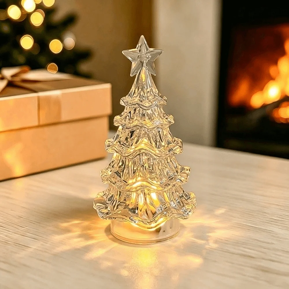 Transparent Christmas Tree Night Light Flameless Smokeless Light Up Xmas Tree Ornaments Stable Base Battery-Operated