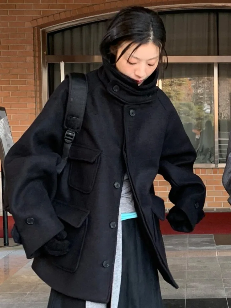 Retro Style Warm Woolen Coat with Pocket Single Button Stand Collar Korean Style Women's Outerwear for All Seasons