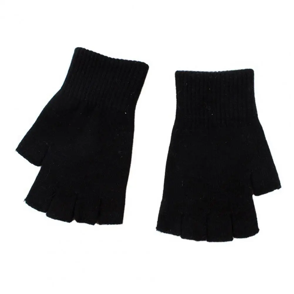 Half Finger Knitting Gloves Unisex Black Woolen Yarn Knitting Half Finger Gloves for Riding Sports Warm Elastic Mittens for Men