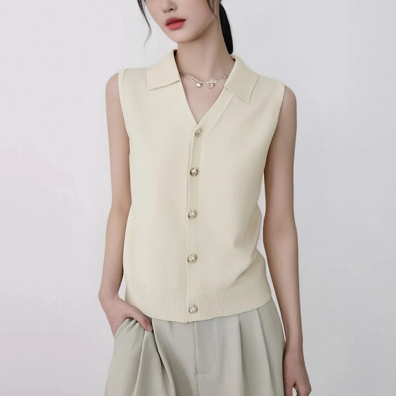 Women's Summer New V-Neck Sleeveless Knitted Vest Lapel Outer Wear Light Versatile Temperament Suspender Top