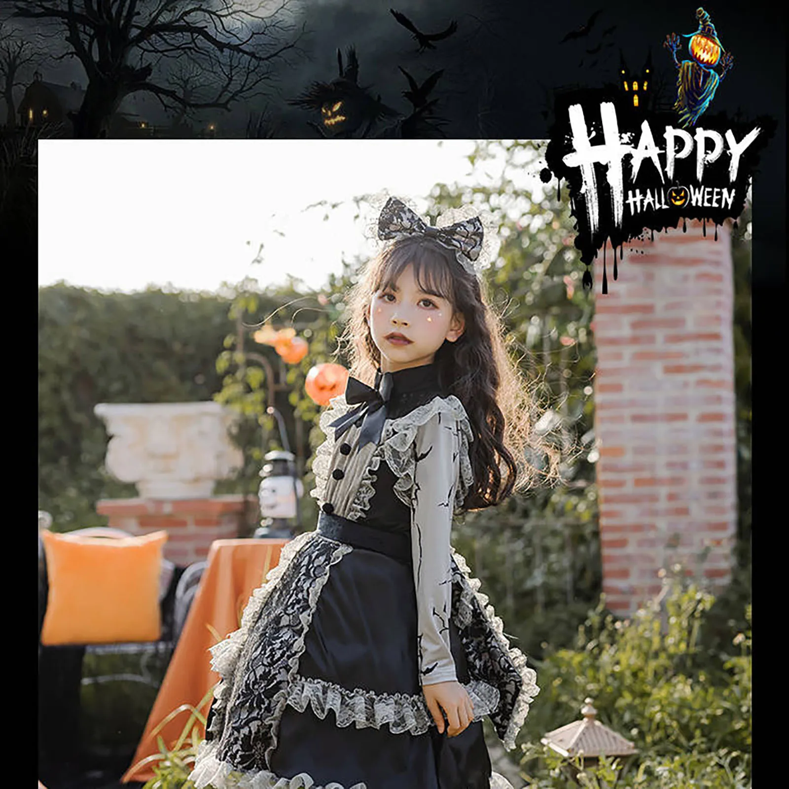 

Halloween Costume Cos Kids Loli Party Dress Lace Vestidos Lolita Anime Dark Gothic Witch Girl Maid Costume Witch Cosplay Dress