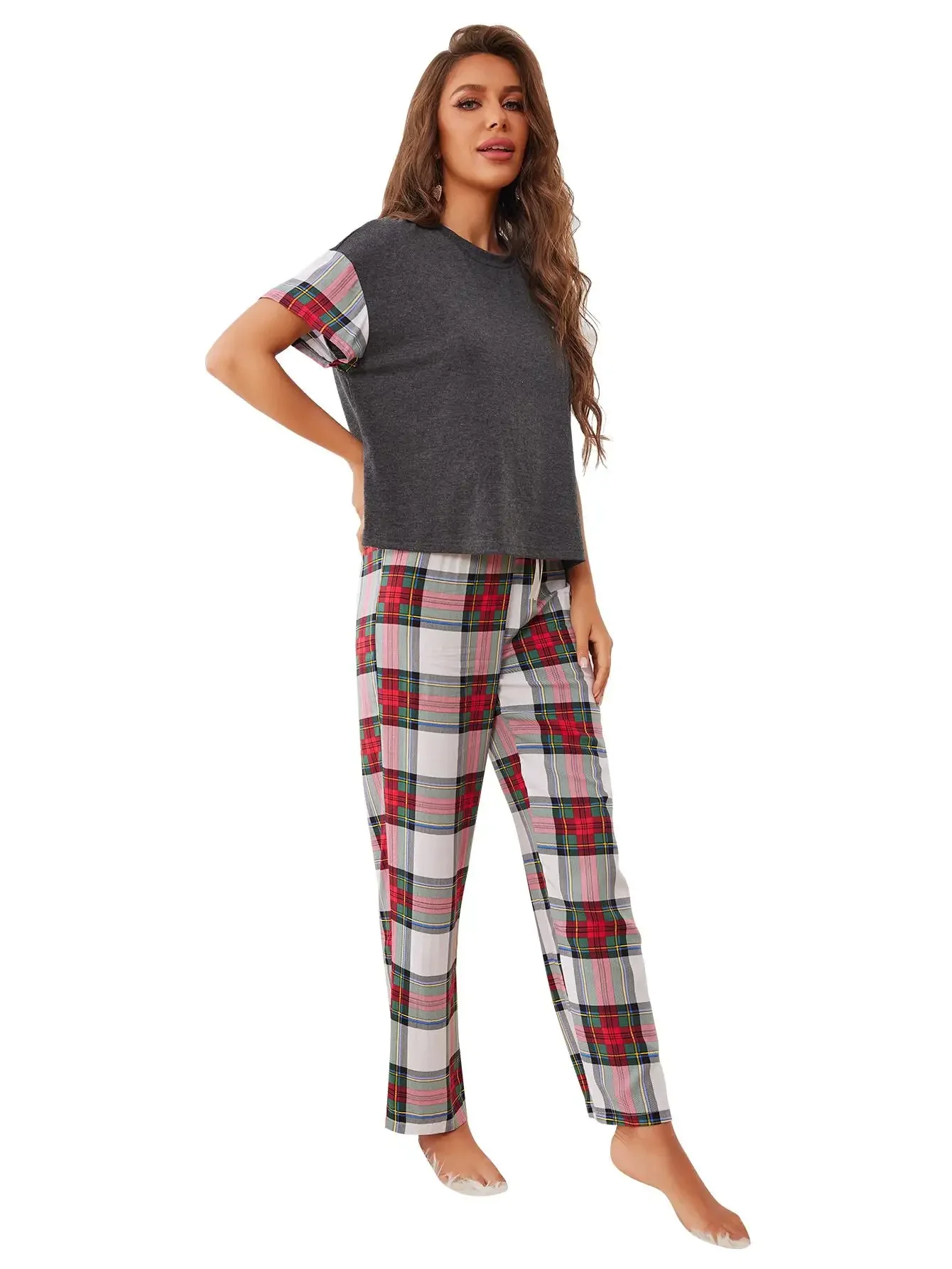 Women Pajama Sets Short Sleeves O Neck Top&Full-Length Plaid Pants Female 2 Piece Female Sleepwear Nightwear Homwear With Pocket