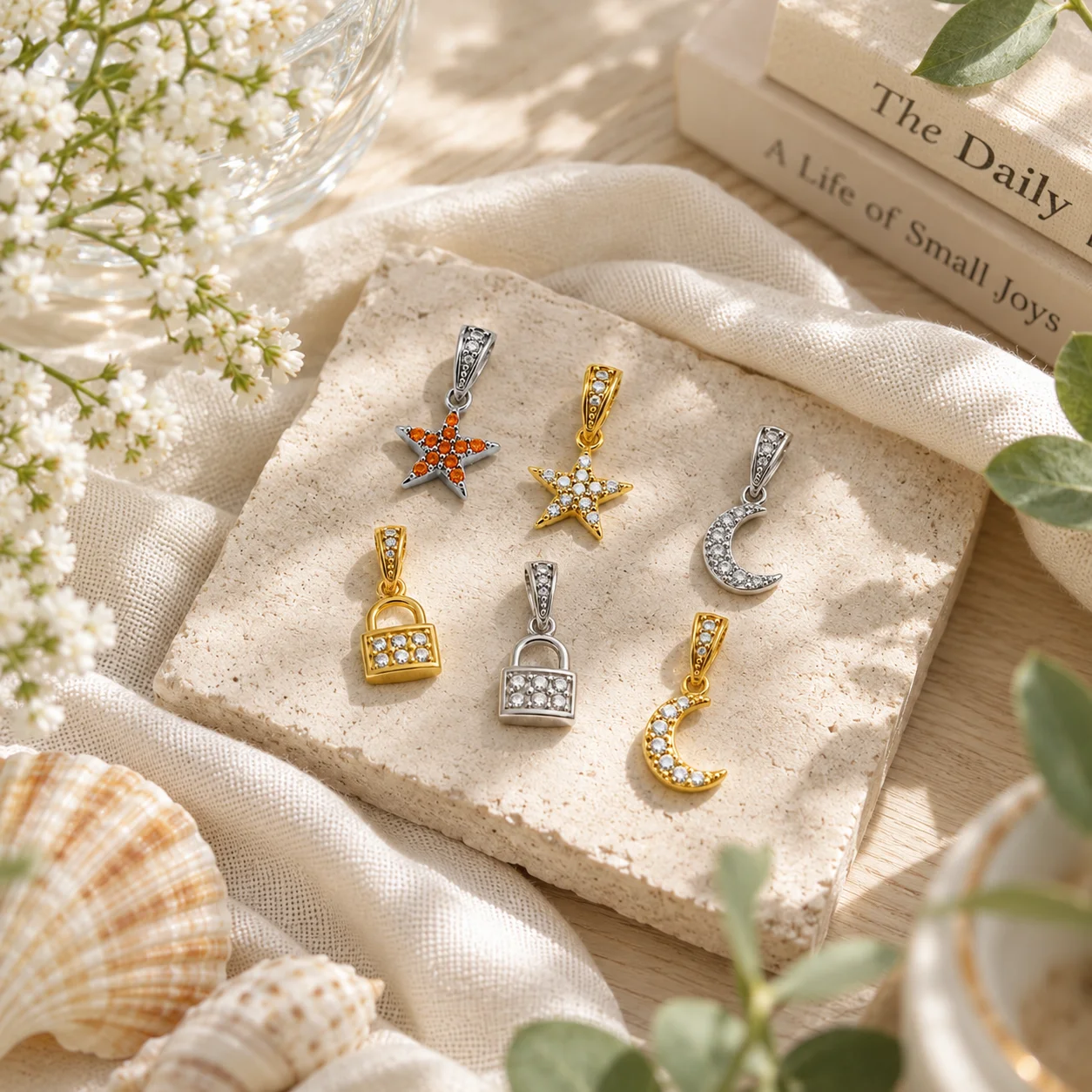14K Gold Plated Stainless Steel Heart Pendant Mix Styles Shell Inlay Puffy Smooth Textured Heart Charms for Necklace Jewelry