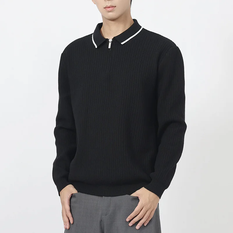 

Men's Autumn Winter Semi-zipper Business Casual Vintage Stripe Long Sleeve Knitted Polo Shirts Sweaters Man Jumper Tops