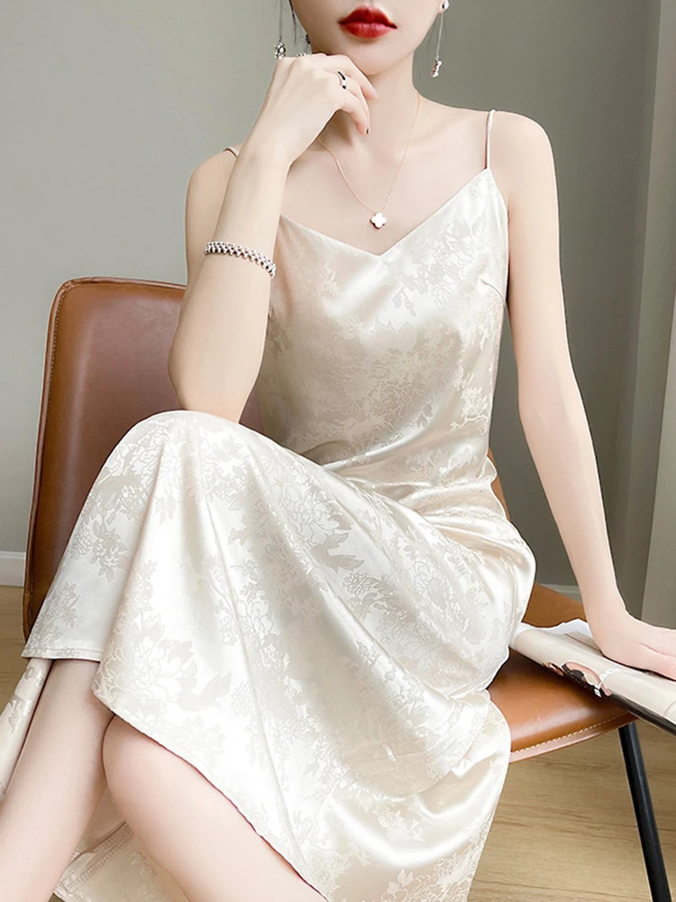 

Elegant V-Neck Acetate Strap Dress Women's Summer Long Inner Wear New Chinese Style Satin Skirt Elegant Sensation New Model