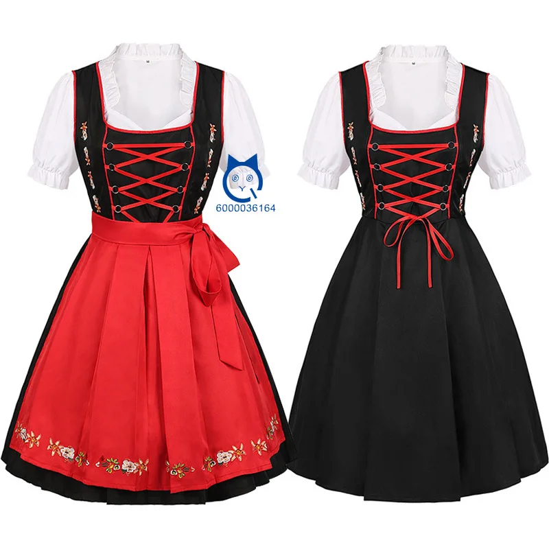 

New Arrival Oktoberfest Bavarian Black Beer Dress with Floral Embroidery on Red Apron Fashion German Bavarian Beer Girl Costume
