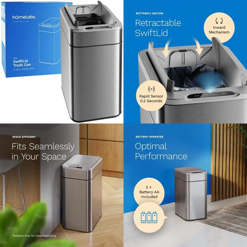 

hOmeLabs - 13 Gallon Kitchen Trash Can - Retractable Automatic Sensor Butterfly Lid, Space-Saving Design, Easy to Clean, Battery