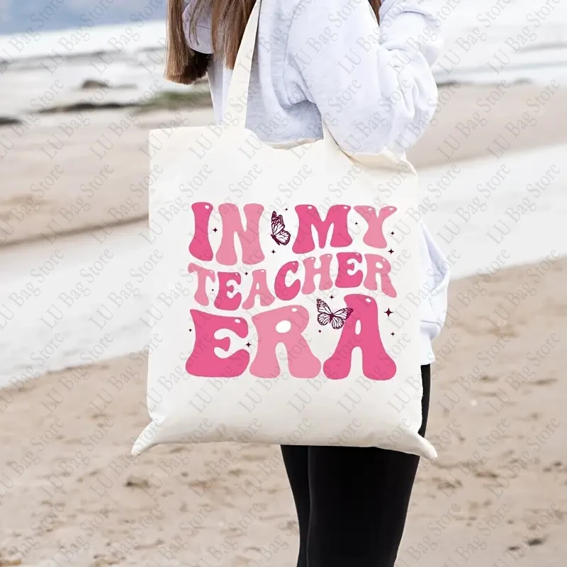 In My Teacher Era Pattern Canvas Tote Bag for Teachers Simple Shopper Bag Versatile Lightweight Storage Bags Teacher Gift Bags