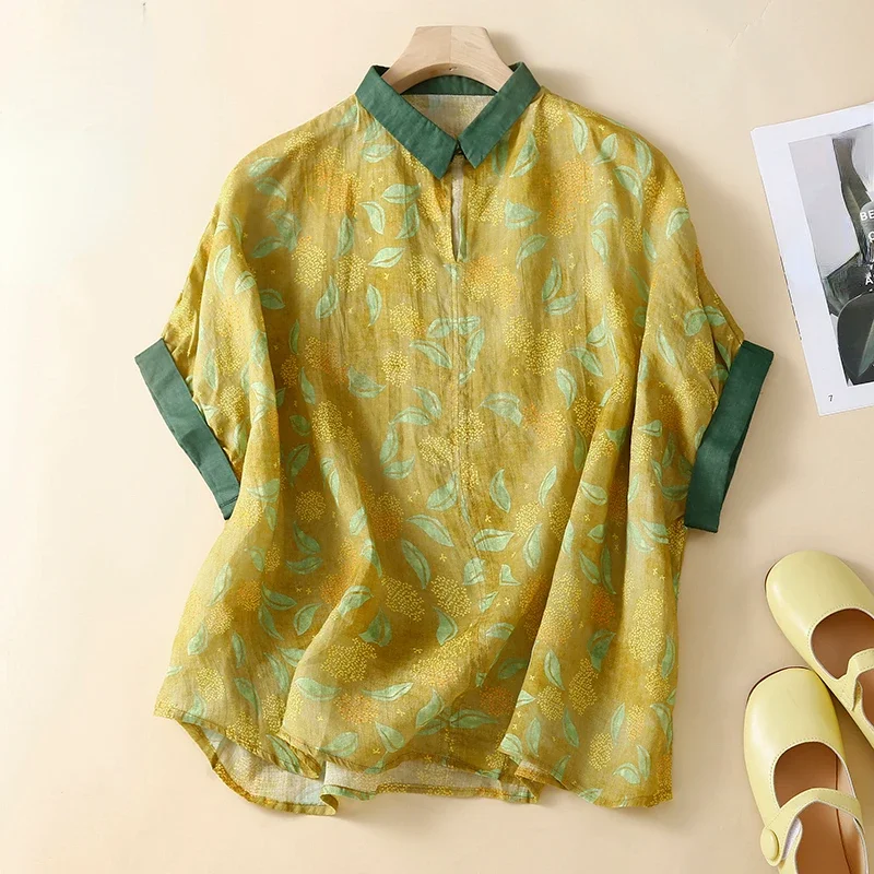 

Summer Vintage Women Floral Pattern Short Sleeve Loose Yellow Blue Cotton Linne Top Shirt , Woman Comfortable Floral Tops Shirts