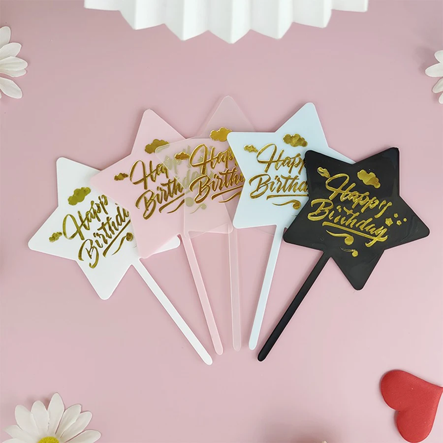 5ps Plastic Pentagram Birthday Cake Decoration Black White Pink Blue Transparent Stars HB Goddess Birthday Baking Decoration