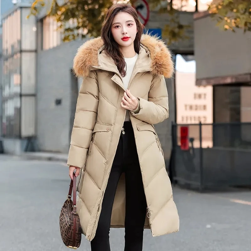 リアルファー襟付きホワイトダックダウンジャケット レディース 2025年冬新作 レースアップ 厚手 フード付きダウンコート 女性用 ロング丈 暖かいパーカー オーバーコート