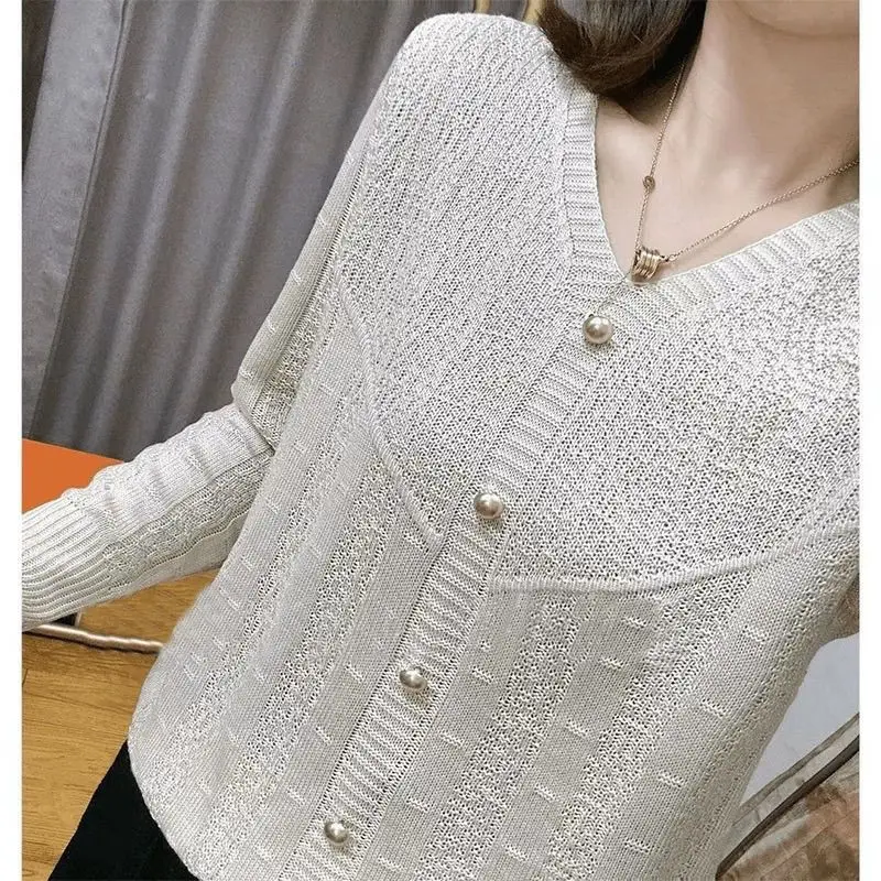 New Spring Autumn Women Stylish Chic Hollow V Neck All Match Knitted Sweater Simple Casual Long Sleeve Solid Loose Pullover Tops