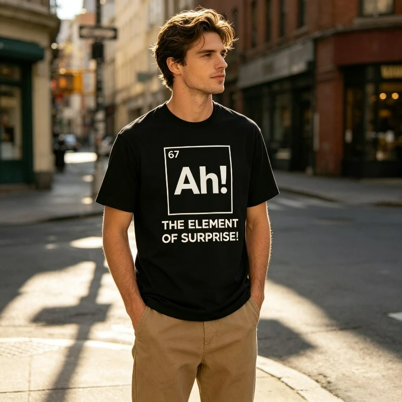 Funny Science Meme T-Shirt for Men Ah The Element of Surprise Print Casual Streetwear Geek Humor Short Sleeve Tee
