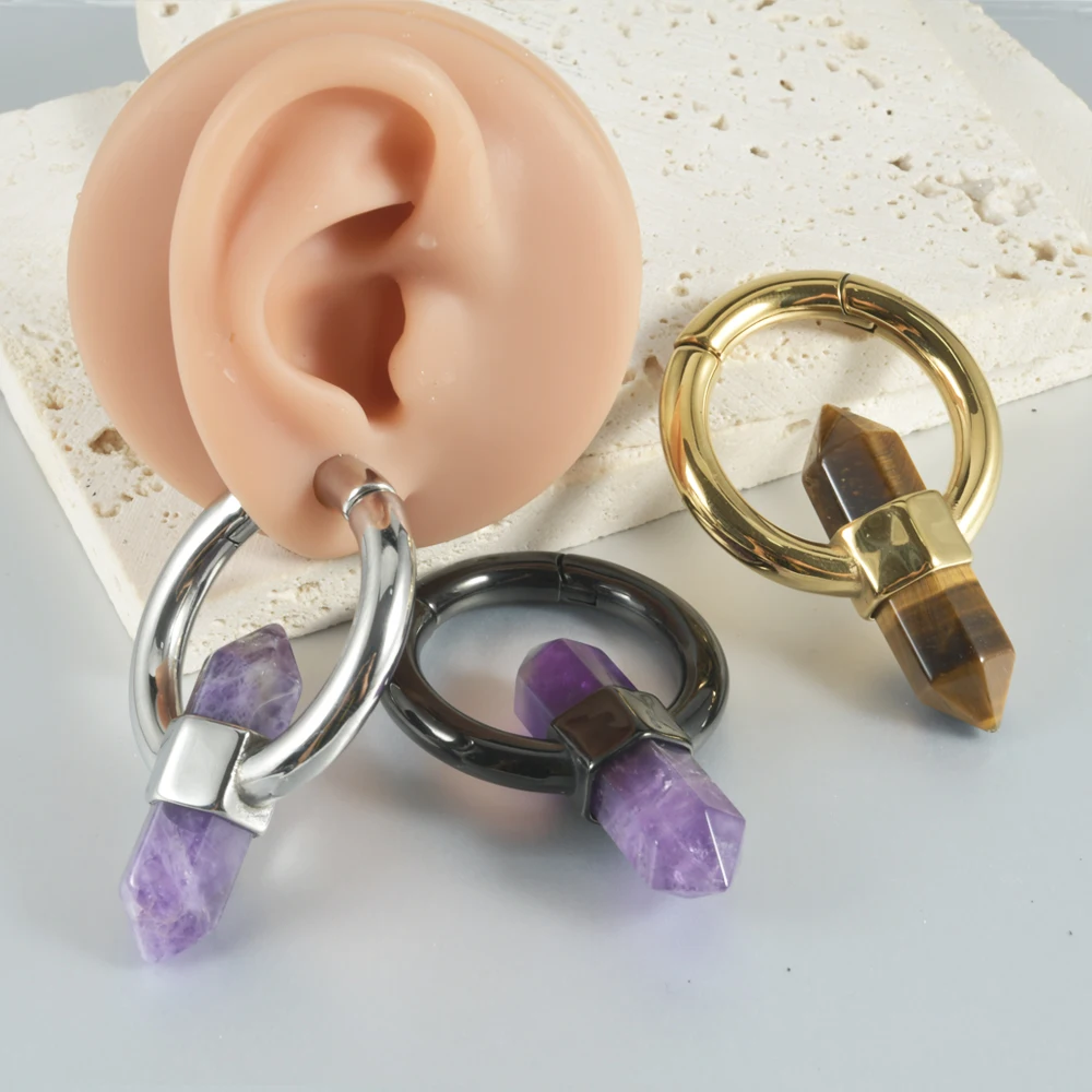 1PC-2PCS Latest Stainless Steel Amethyst Tiger Eye Stone Pillar Magnet Ear Weight Gauges Jewelry Earring Piercing Stretchers