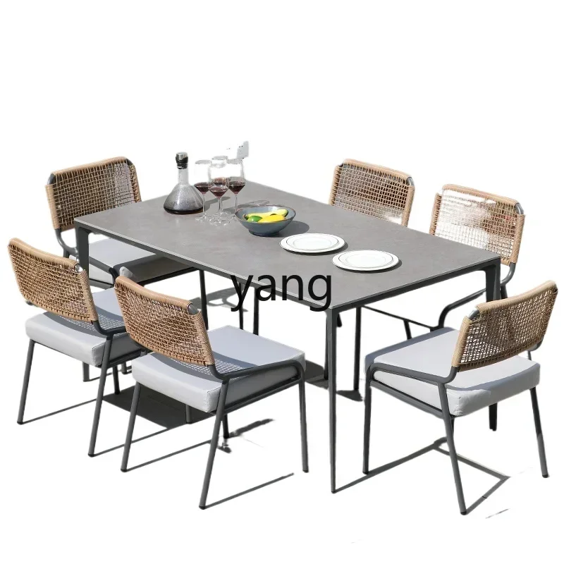 LH outdoor tables and chairs villa courtyard garden rattan simple rock slab dining table and chairs