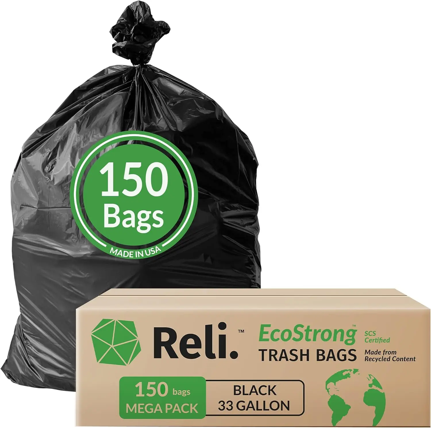 

Eco-Friendly 33 Gallon Trash Bags, 150 Count Bulk, Black, Made from Recycled Material