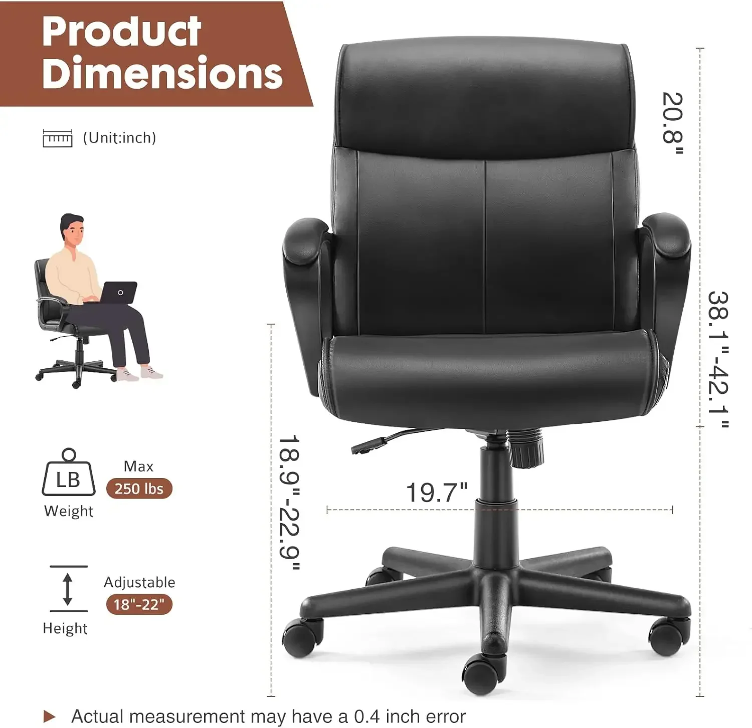 Office Chair - Mid-Back Computer Desk Chair with Armrests, Height Adjustable Home Chair, 360-Degree Swivel, Lumbar Support
