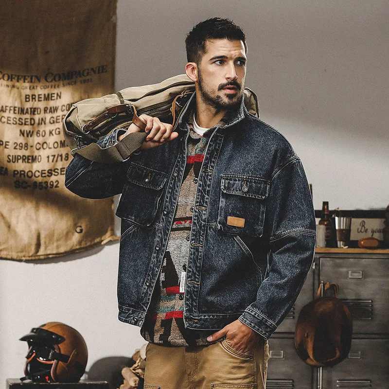 

Американские винтажные мужские куртки, свободные модные потертые джинсовые пальто, новые повседневные однобортные пальто с лацканами и несколькими карманами