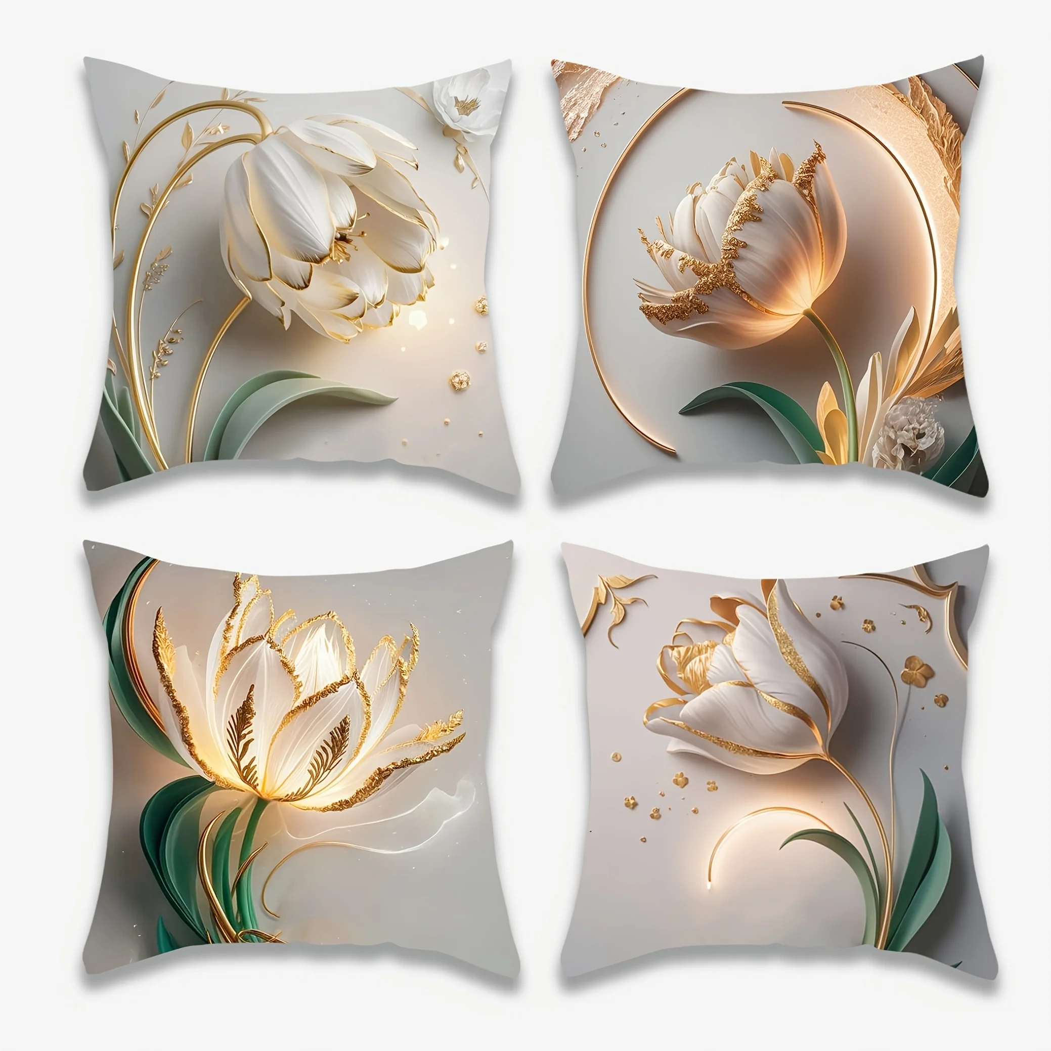 4 Pcs Spring Glitter Tulip Print Pillow Covers – Modern Luxe Gold Design for Living Room Sofa & Bed Cushion Decor, Home Styling