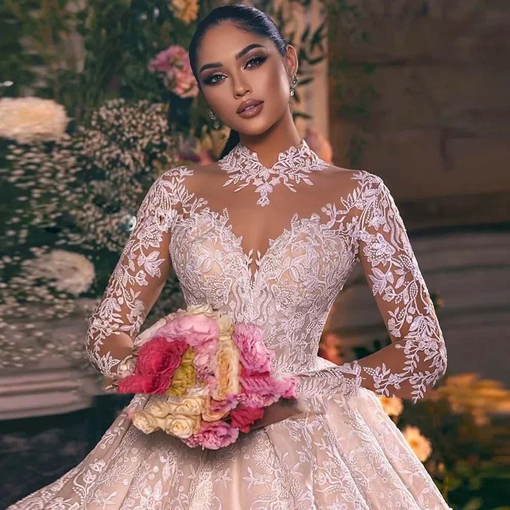 

Customized 2026 Long Sleeve Ball Gown Wedding Dresses O-Neck Princess Illusion Bridal gown Luxury Robe Mariage Vestidos Novia