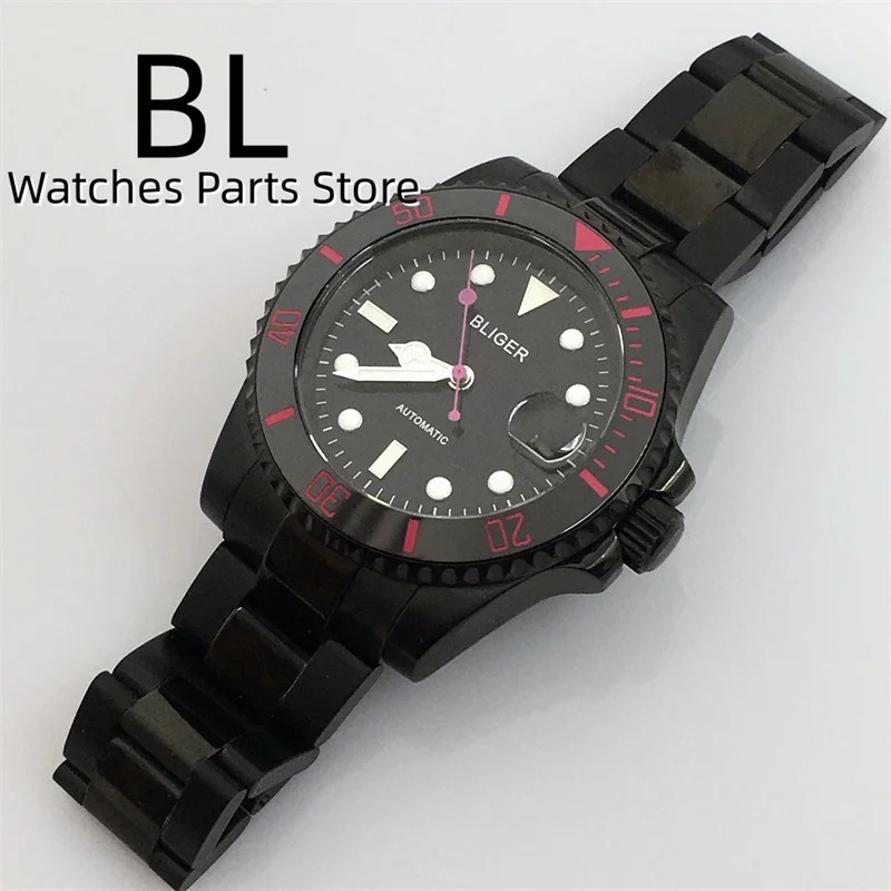 BLIGER 24 Jewels NH35A Automatic Men\'s Watch 40mm Full Black Case Sapphire Glass Black Dial Purple Pink Second Hands Waterproof