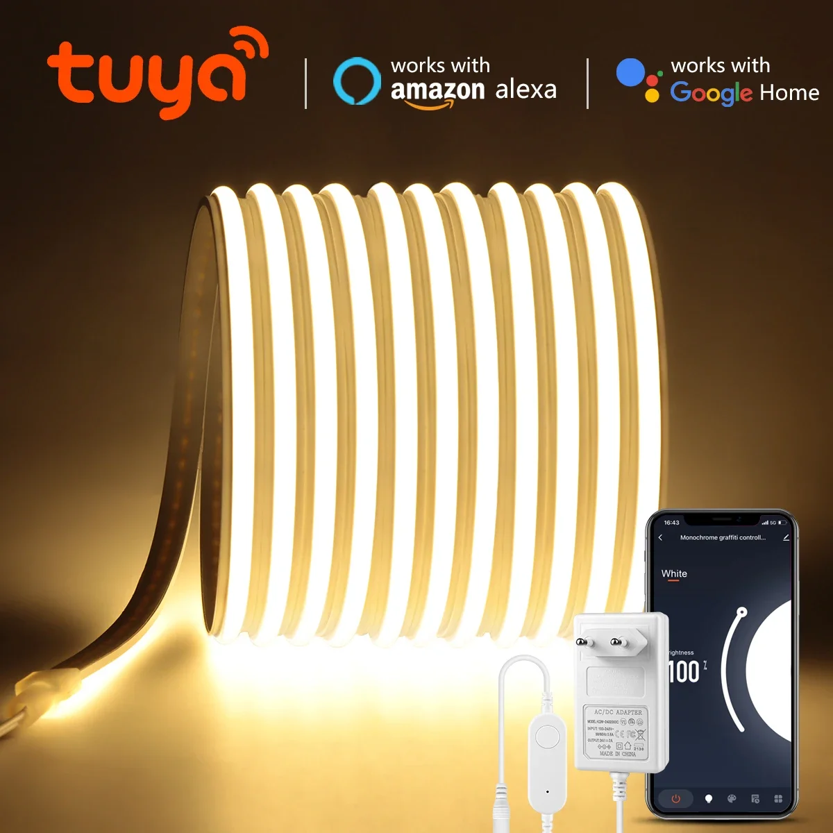 Smart TUYA COB Neon LED Strip Light 2/5/10M Solid Silicone Gel Tube Waterproof Support Alexa Google Assistant APP Voice Control