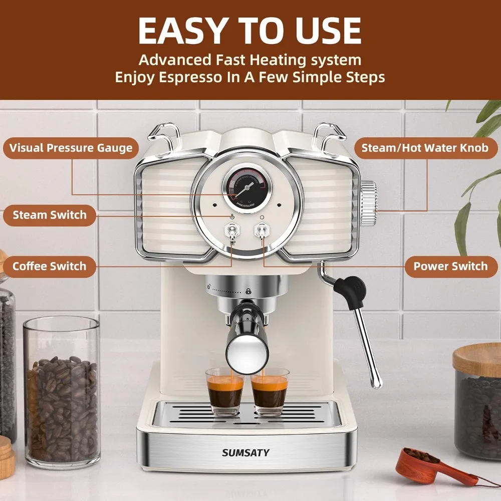 Espresso Coffee Machine 20 Bar, Retro Espresso Maker with Milk Frother Steamer Wand for Cappuccino, Latte, Macchiato,