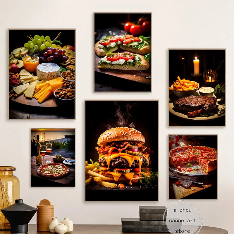 Vintage Food Pizza with Wine Ramen Steak with Fries Art Poster Canvas Painting Wall Prints Picture for Living Room Home Decor