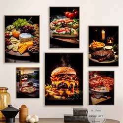 Vintage Food Pizza with Wine Ramen Steak with Fries Art Poster Canvas Painting Wall Prints Picture for Living Room Home Decor