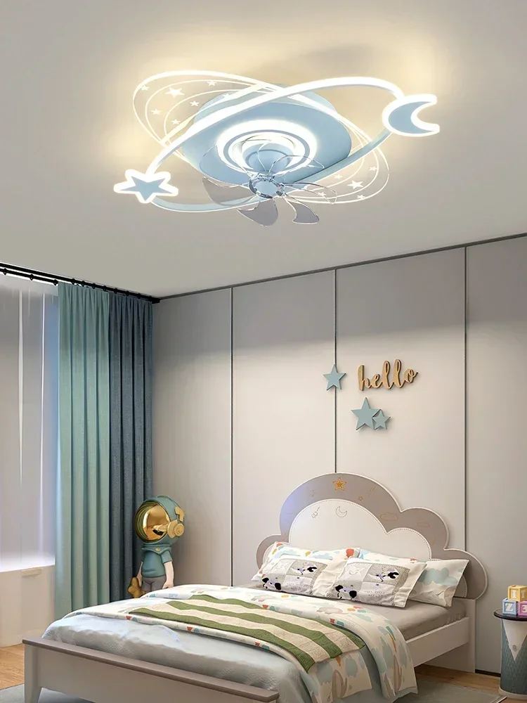 Children's room fan light Nordic cartoon crown princess room ceiling light shaking head silent fan integrated led light 220V