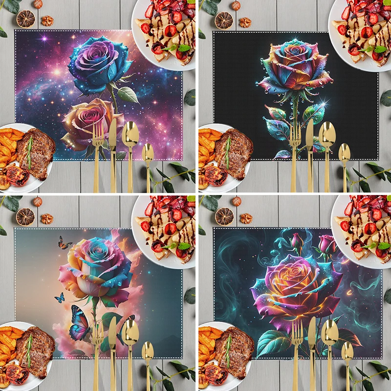 Watercolor Painting Rose Print Table Mats for Dining Colorful Roses Coffee Cup Coaster Linen Placemat Kitchen Accessories Dish