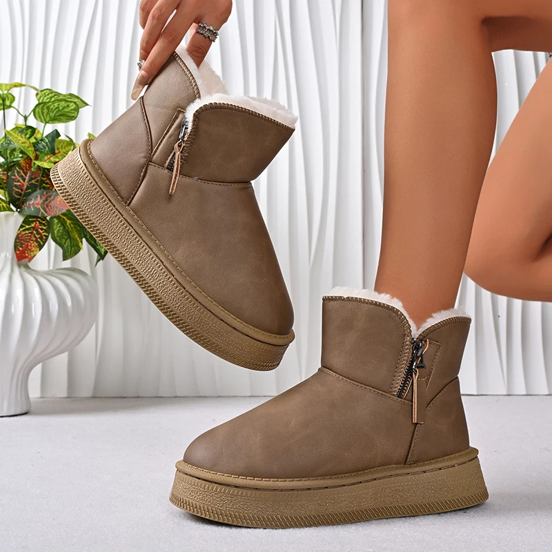 بو الجلود الدافئة رشاقته أفخم الثلوج أحذية النساء الراحة سميكة وحيد عدم الانزلاق القطن مبطن أحذية امرأة سستة رقيق الشتاء الأحذية #4