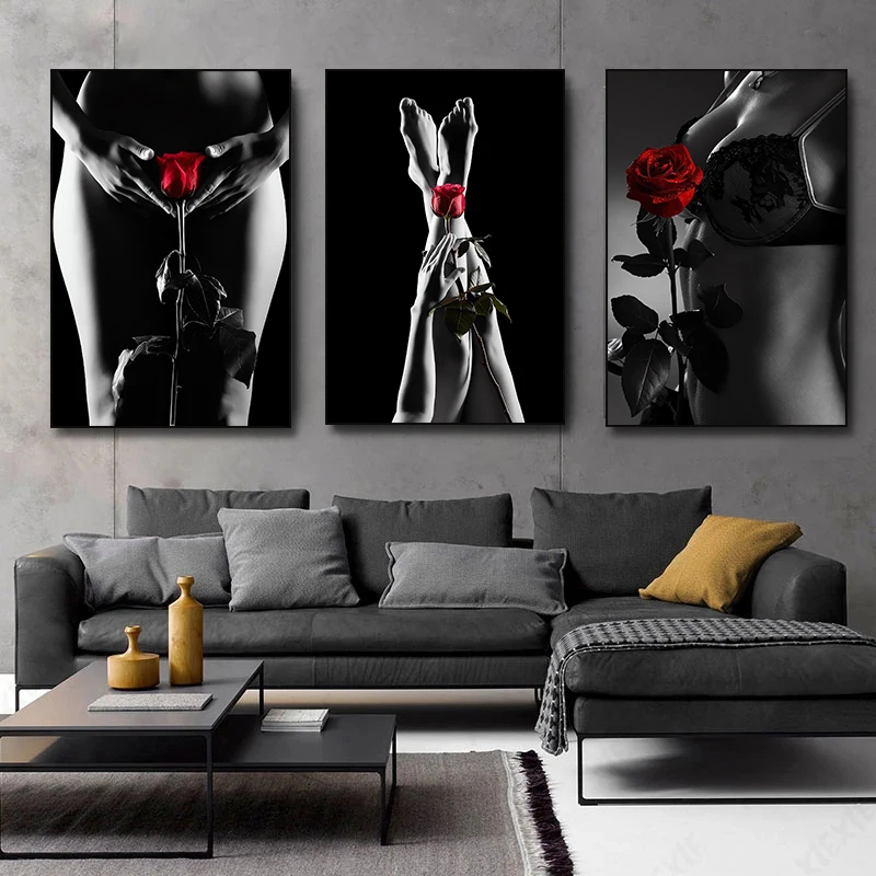 1PC Sexy Woman Holding Red Rose Canvas Painting Nordic Black and White Posters Prints Wall Art Pictures for Living Room Home