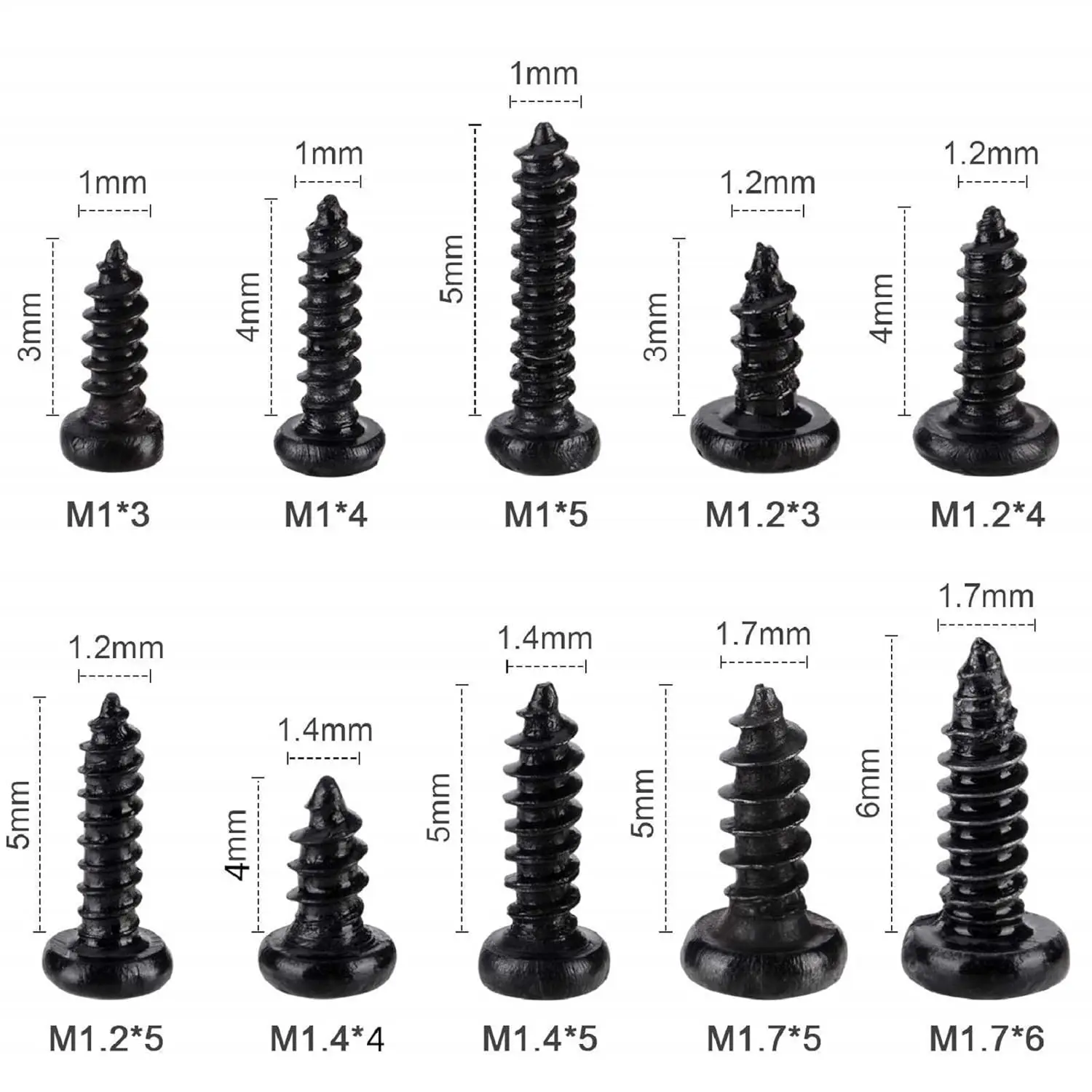 1000PCS M1 M1.2 M1.4 M1.7 Phillips Round Head Self Tapping Small Screw Micro Screws Electronic Black Bolts Wood Kit