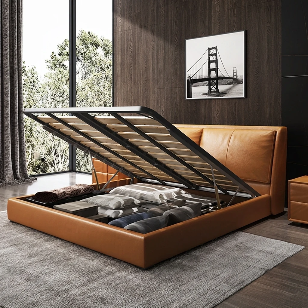 Gas Lift Storage Bed Hydraulic - pm-Modern Luxury Caramel Leather Storage Bed
