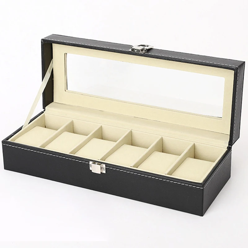 Venda quente de couro do plutônio display armazenamento coleção organizador caixa relógio caso com vidro slot superior relógio masculino suporte caixa exibição presentes
