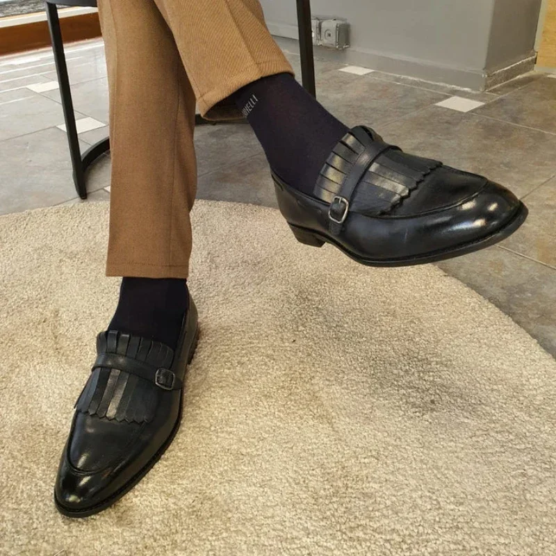New Black Loafers for Men Green Tassels Square Toe Slip-On Pu Leather Men's Formal Shoes  Size 38-46 Men Shoes