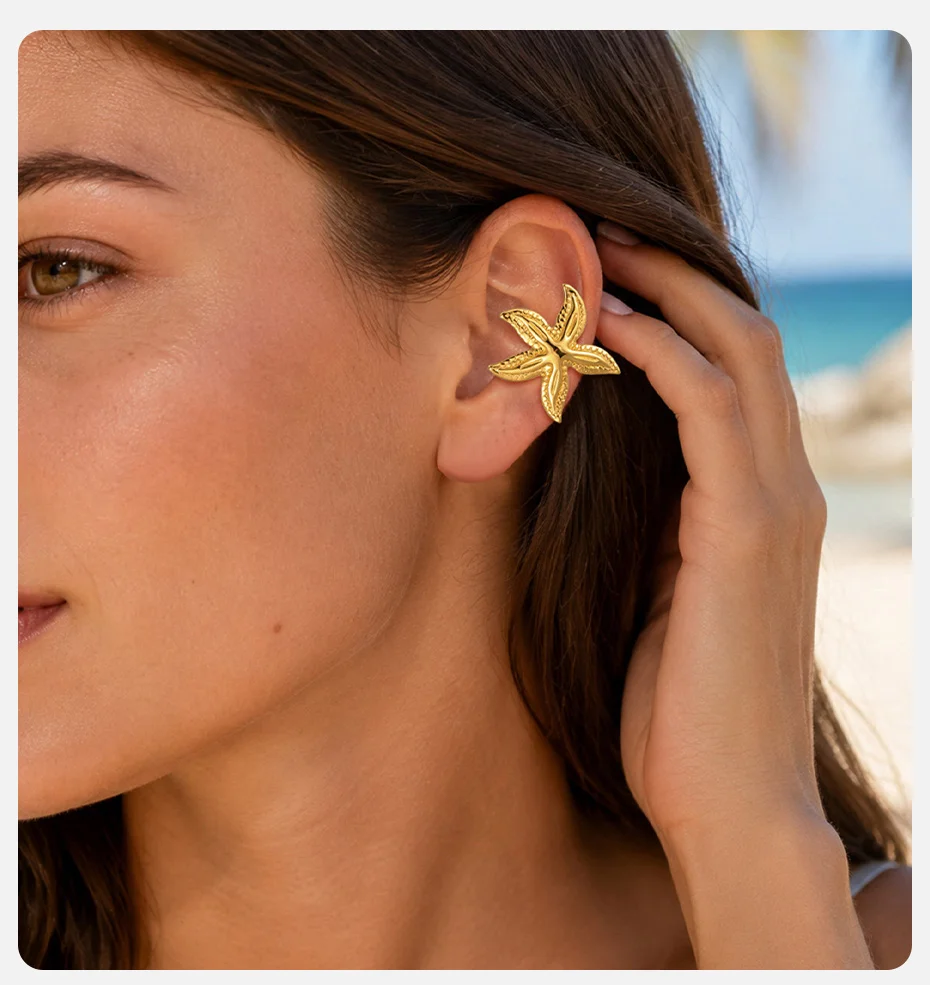 Vnox Trendige Seestern-Knorpel-Clip-Ohrringe für Frauen, vergoldet, blumenförmig, ohne Piercing, Clip-Ohrringe, geometrischer Schmuck – Detail 2