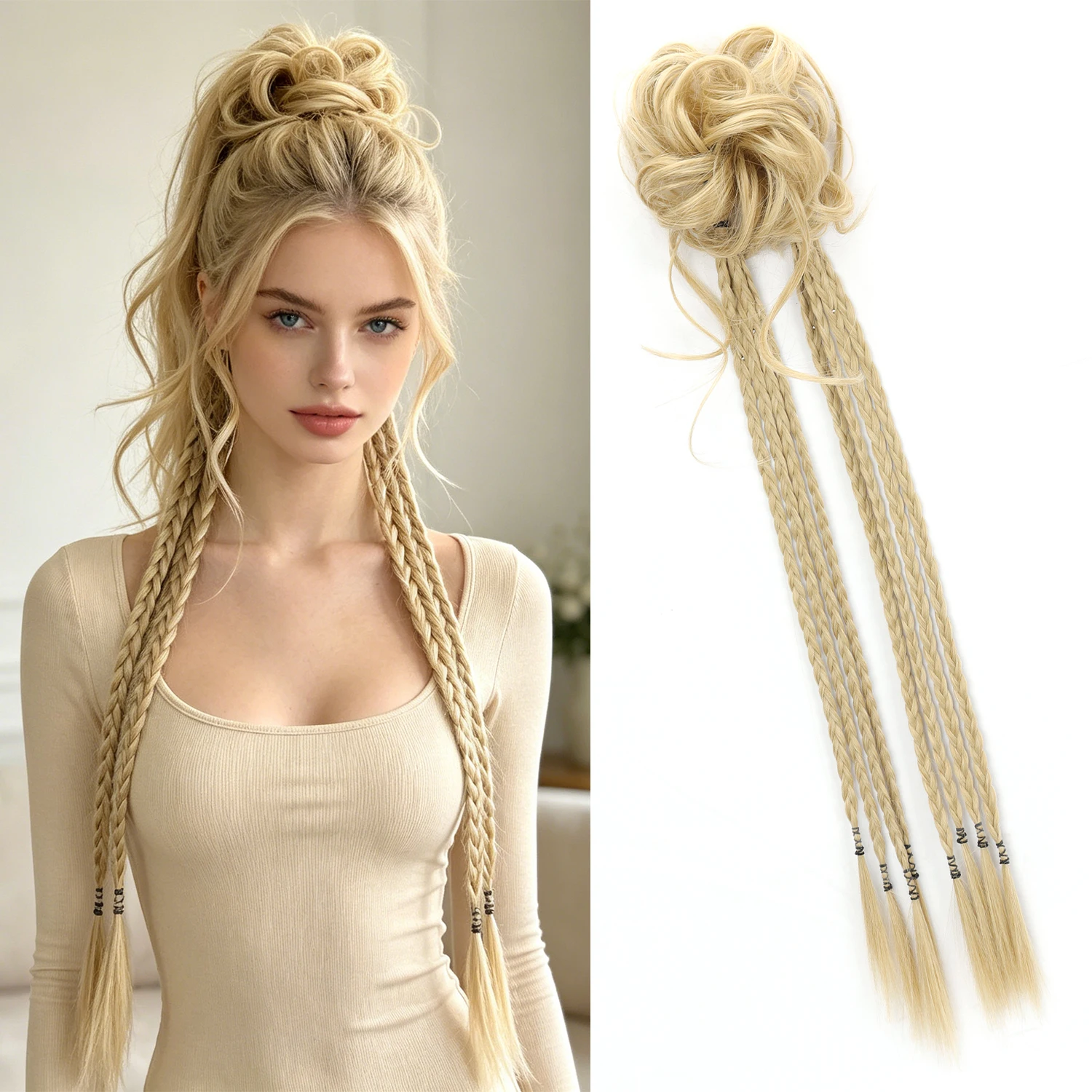 Moño sintético despeinado Y2K, trenza de pelo rubia y castaña, postizo elástico para mujer, cola de caballo