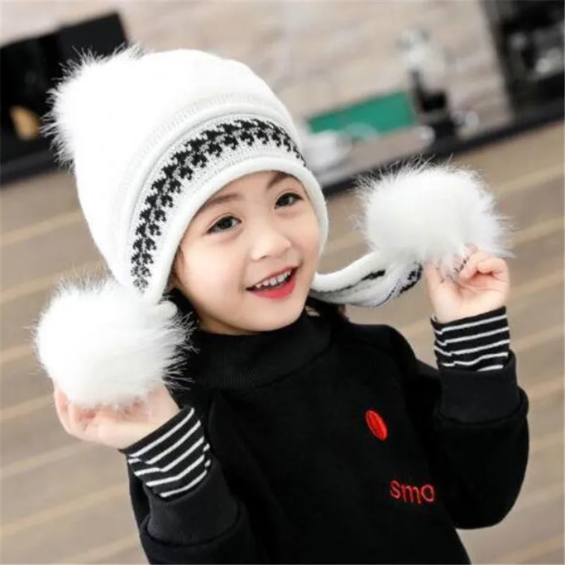 Autumn Winter Kids Cute Girls Princess Hats Plush Warm Knitted Ear Protectors Cap with Ball