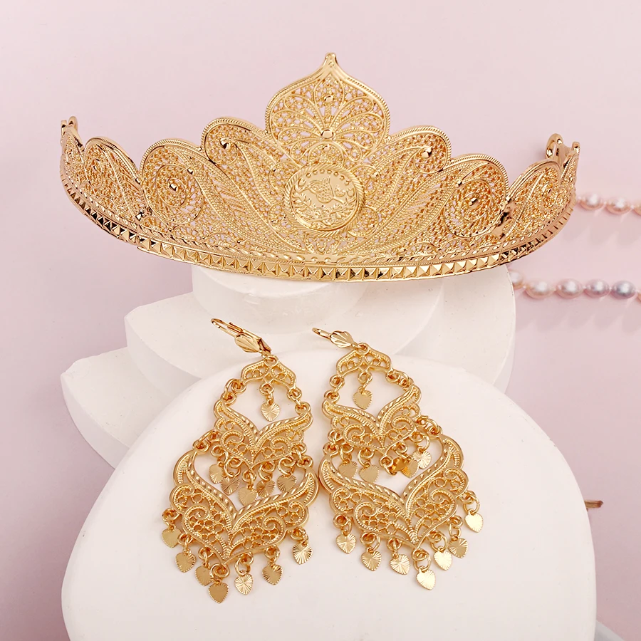 New Hollowed Flower Design Crown for Women French Coin Hair Clips for Women Luxury Arabic Bridal Hair Accessories In Gold Color