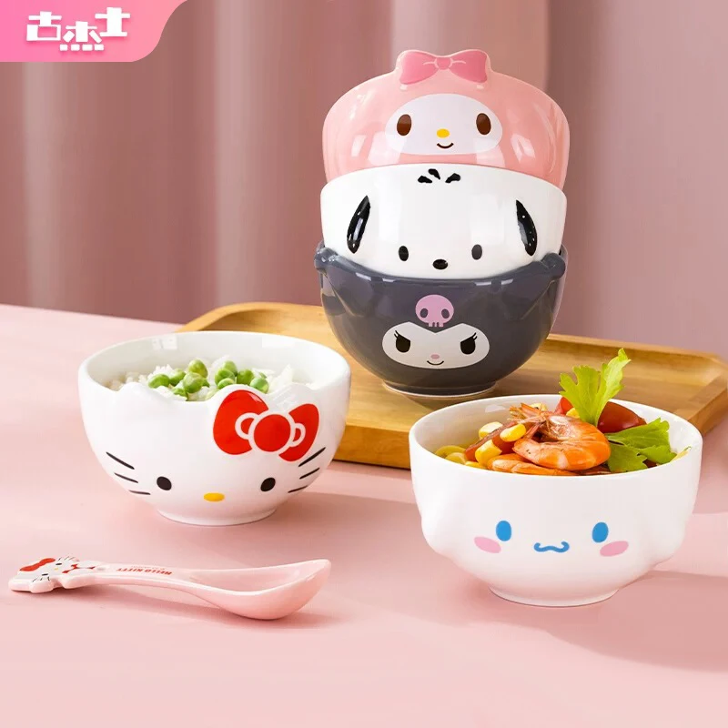 For Sanrio Ceramic Rice Bowls 5Inch 3D Relief My Melody Cinnamoroll Fruit Salad Bowl Kids Tableware Cartoon Anime Bowls Gifts