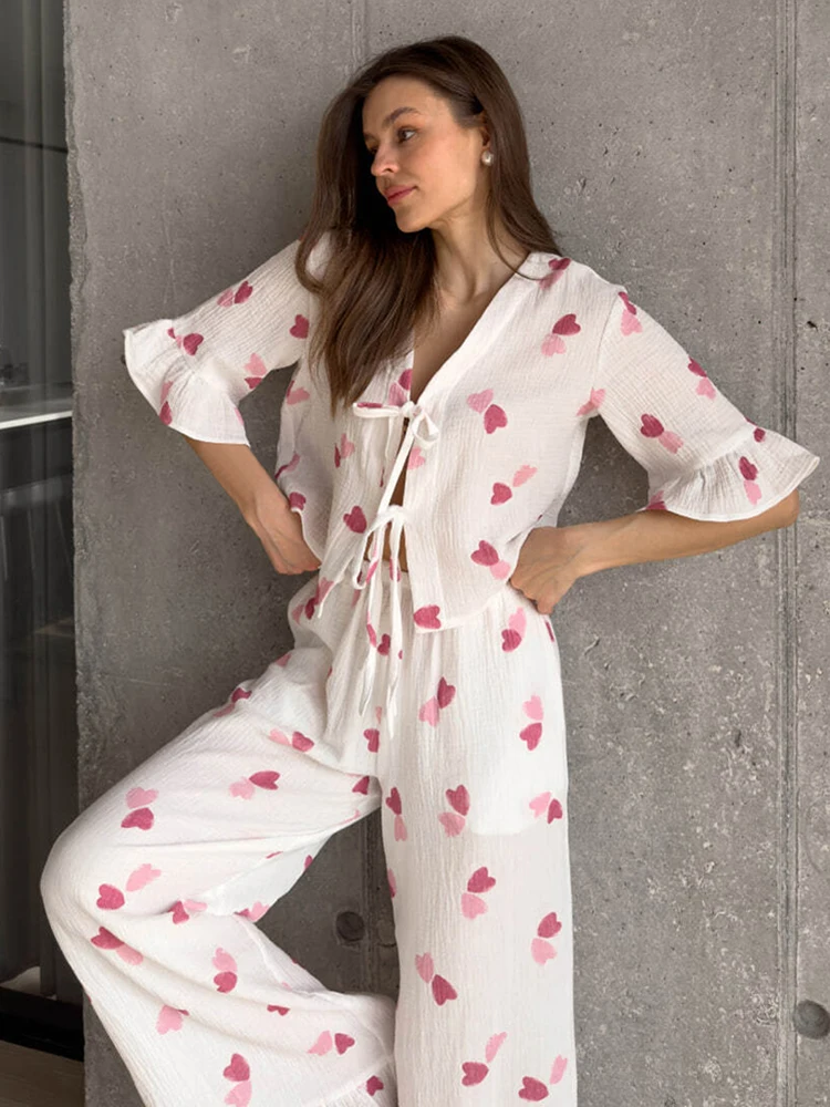 Hiloc Cotton Women Leopard Print Pajamas Two Pieces Suits Lace-Up Tops And Wide Legs Pants Ladies Homewear 2024 Causal Print Set