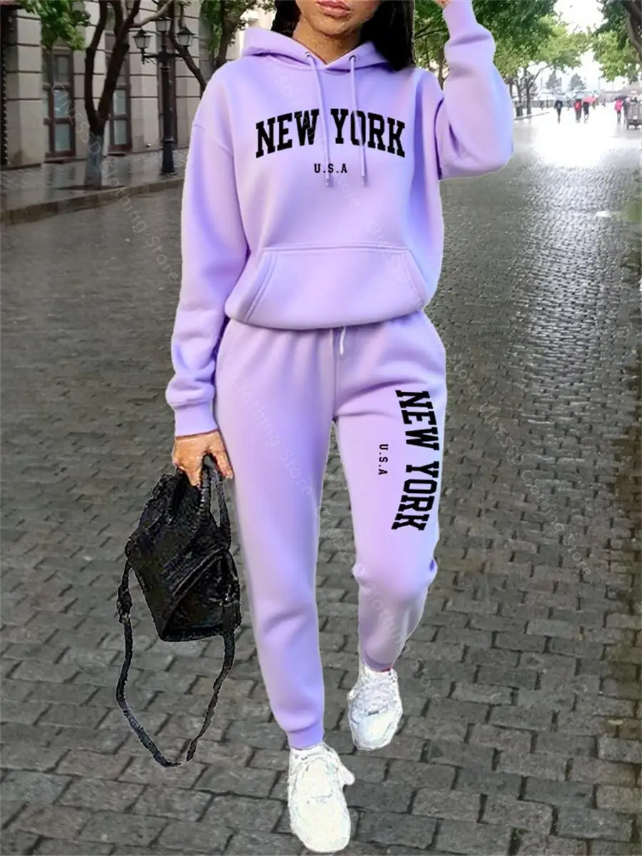 نيويورك المرأة Sweatsuit الخريف الشتاء قطعتين مجموعة هوديي السراويل عالية الجودة فضفاضة أزياء الشارع الشهير السيدات رياضية وتتسابق