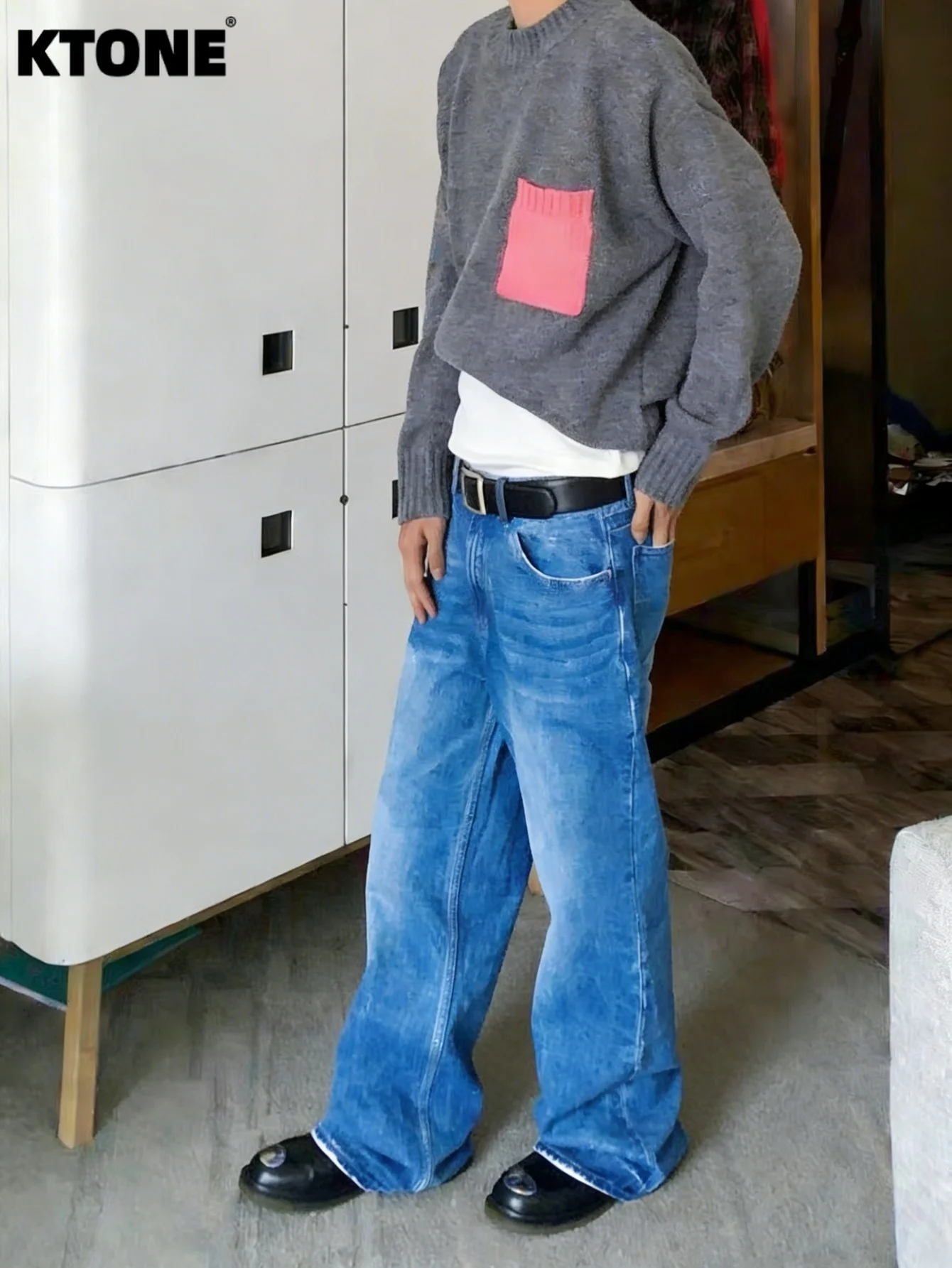 

Blue jeans for man slim original, Y2K drip street style, light casual daily denim trousers JEANS pants for woman