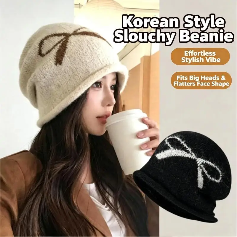 High Stretchy Fabric Soft Warm Knitted Slouchy Beanie Cute Bow Pattern Big Head Friendly Hat for Adults Autumn